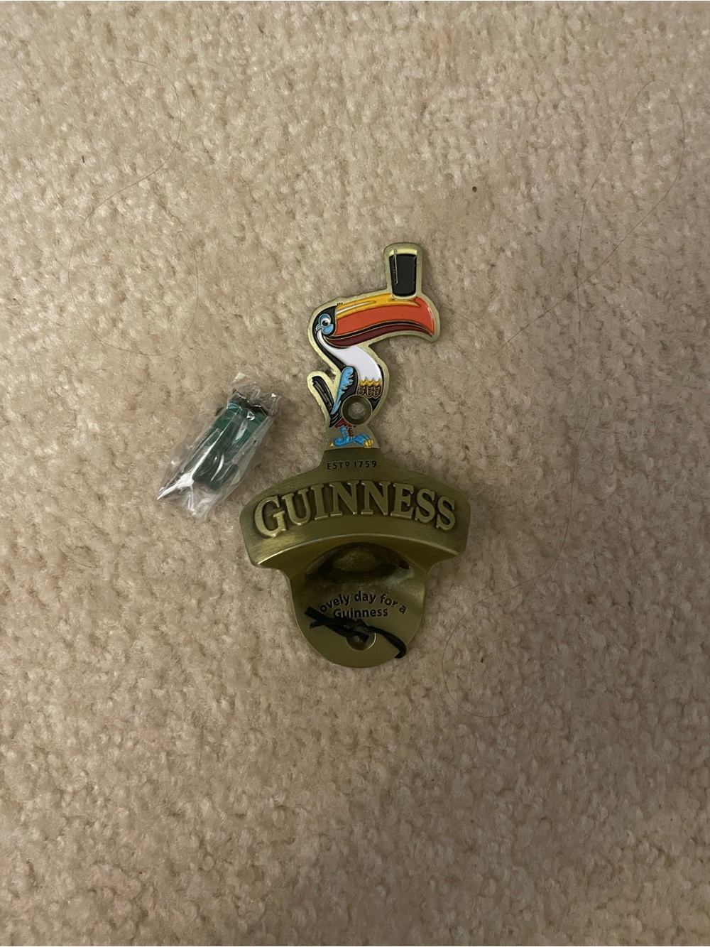 Guinness Brass-Tone Toucan Wall Bottle Opener with Colorful Beak